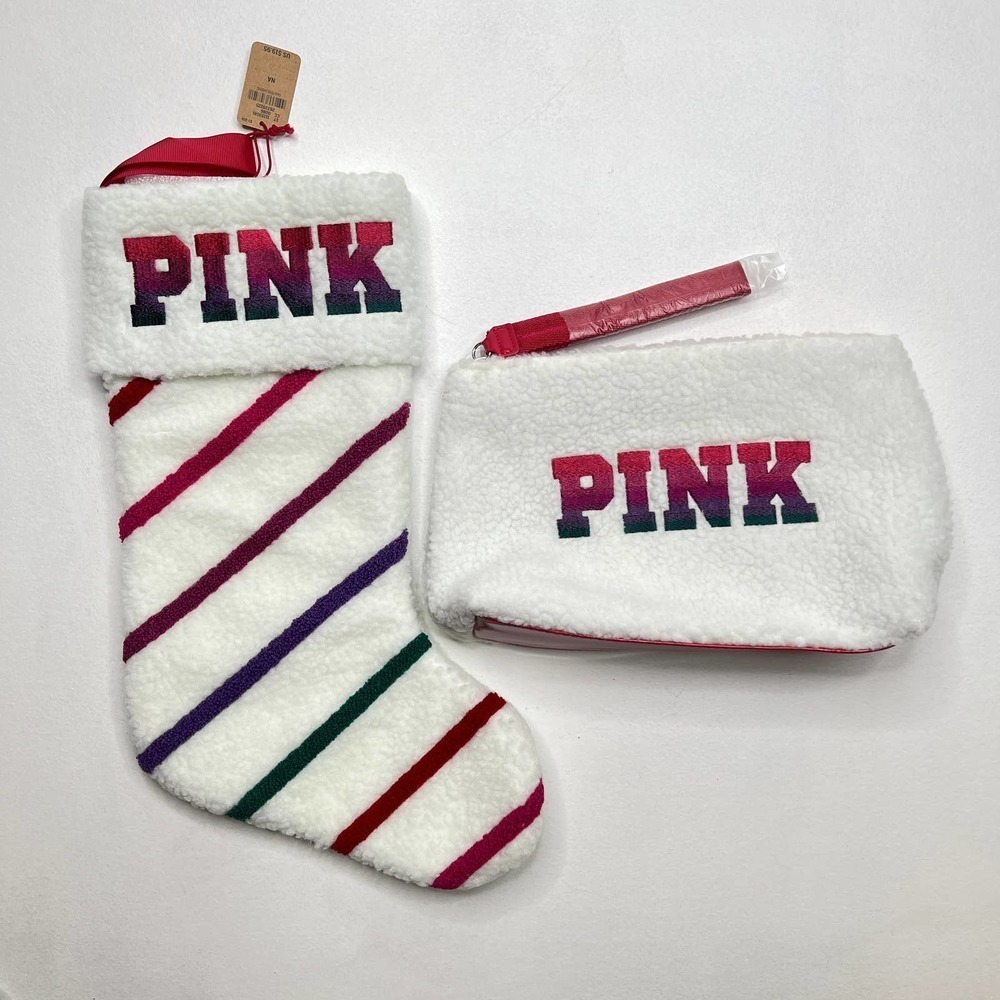 Victoria’s Secret Pink White Sherpa Christmas Stocking & Matching Cosmetic Bag